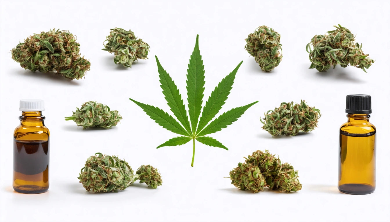 Cannabis leaf centered, surrounded by buds and two amber bottles with black and white caps on a white background