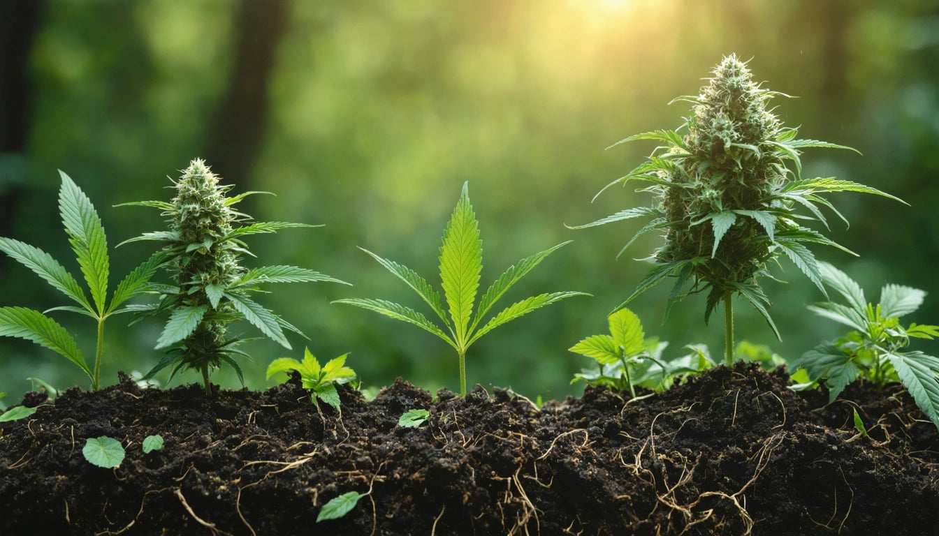 Two cannabis plants and a single leaf in soil, with sunlight filtering through a blurred green background