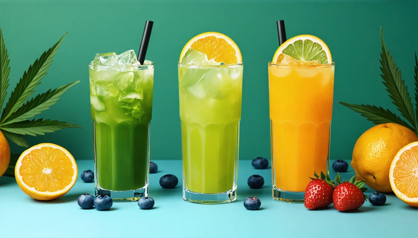 Three tall glasses with ice, green and orange drinks, garnished with citrus slices, surrounded by blueberries, strawberries, and oranges