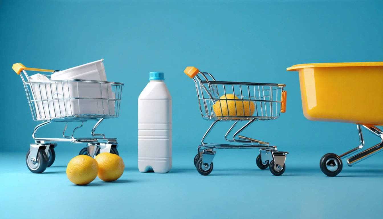 Two lemons, two mini shopping carts with lemons and containers, a white bottle, and a yellow bucket against a blue background