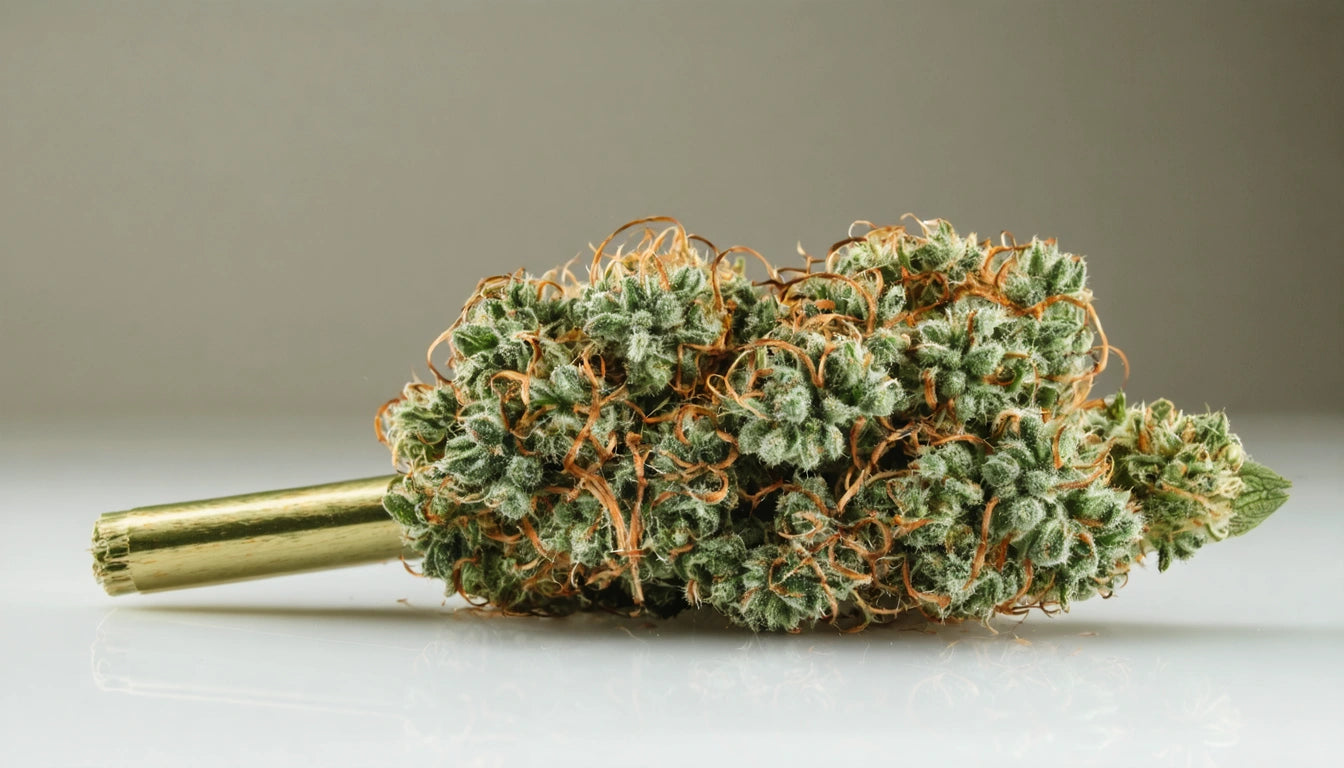 Dense green plant bud with orange strands, attached to a gold cylindrical base, on a reflective white surface