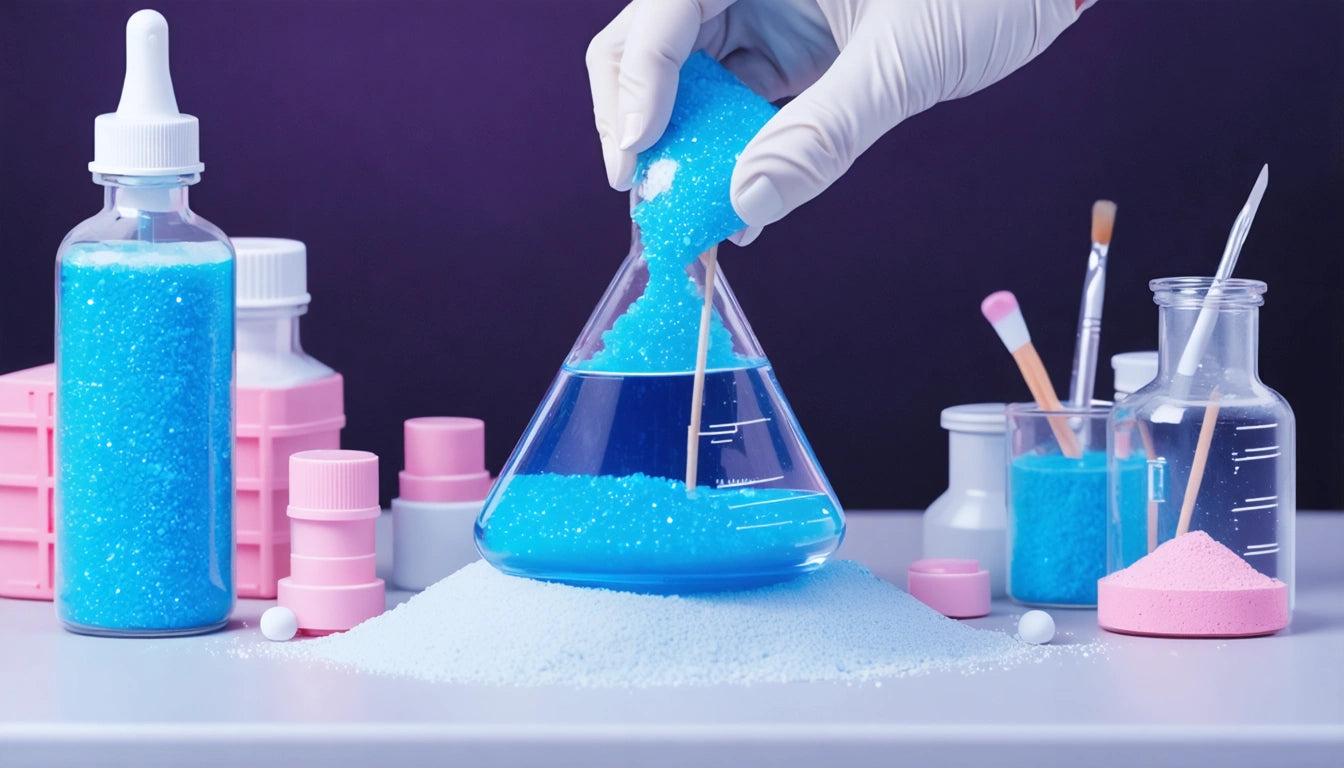 Gloved hand pouring blue crystals into a conical flask on a table with pink containers and brushes against a purple background