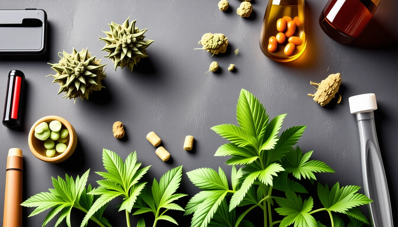 Green leaves, various seeds, and capsules scattered on a gray surface. Bottles with pills and a smartphone are nearby