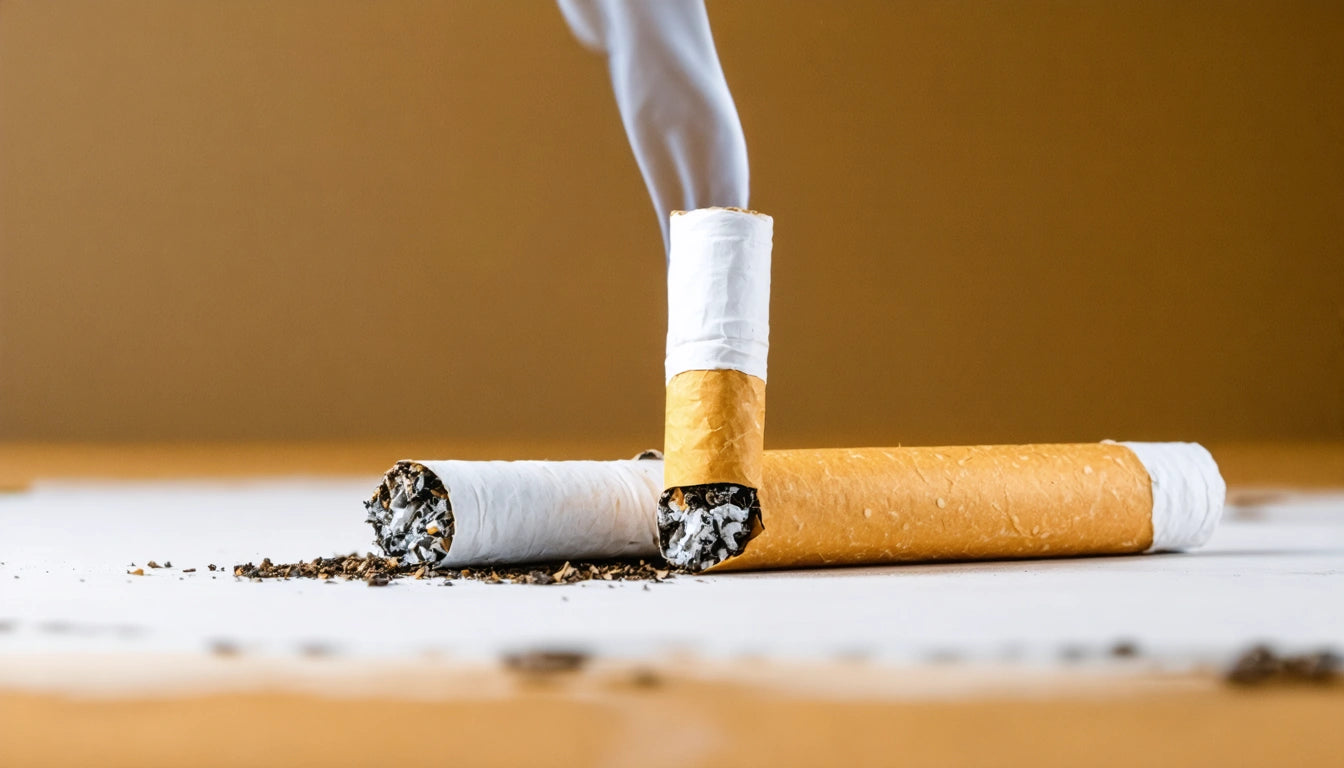 Two cigarettes on a surface, one upright with smoke, the other lying down with tobacco scattered around