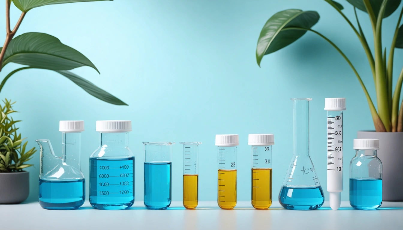 Various lab glassware with blue and yellow liquids on a table, surrounded by green potted plants against a light blue background
