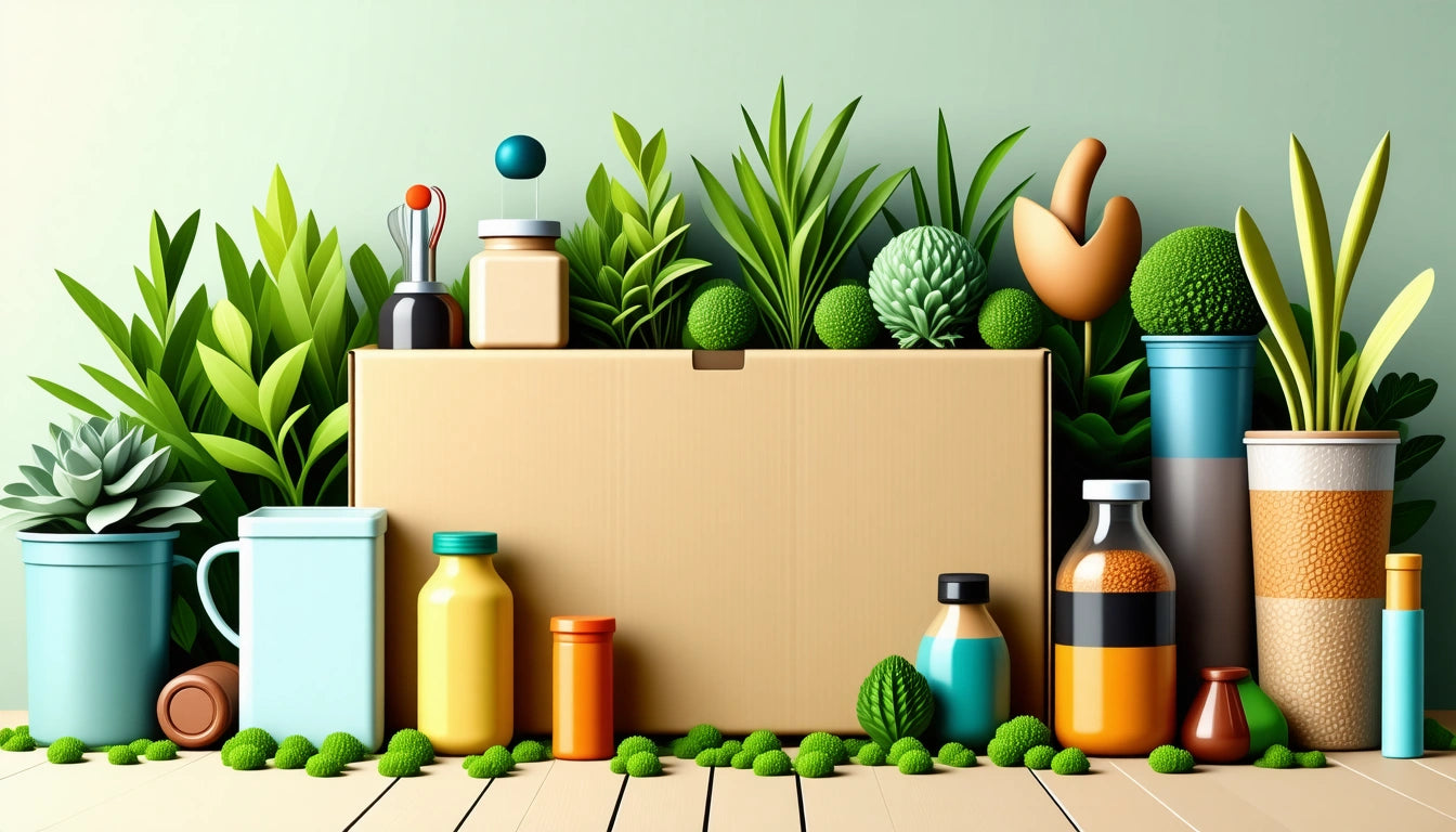 Cardboard box surrounded by various colorful bottles, jars, and potted plants on a wooden surface