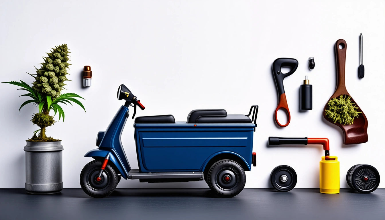 Blue three-wheeled scooter with black seats, surrounded by gardening tools, a potted plant, and a wall-mounted light