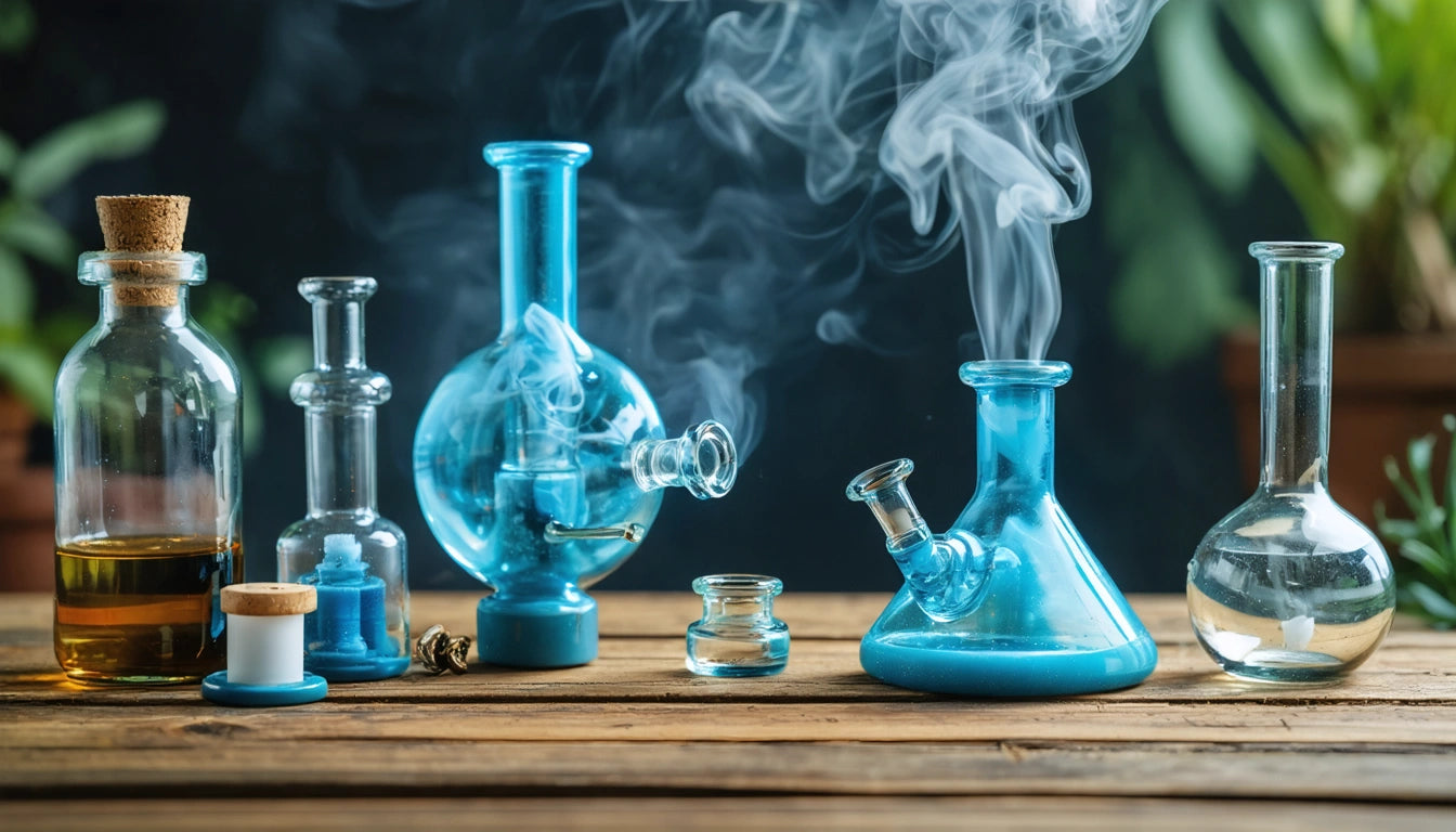 Various glass bottles and beakers with blue liquid and smoke on a wooden table, green foliage in the background