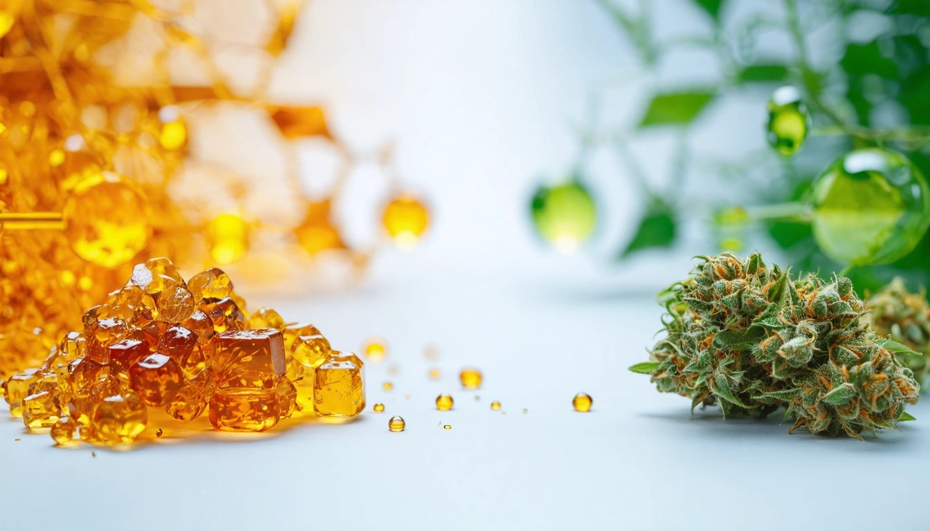 Amber-colored crystals and a green plant bud on a white surface, with blurred green leaves in the background