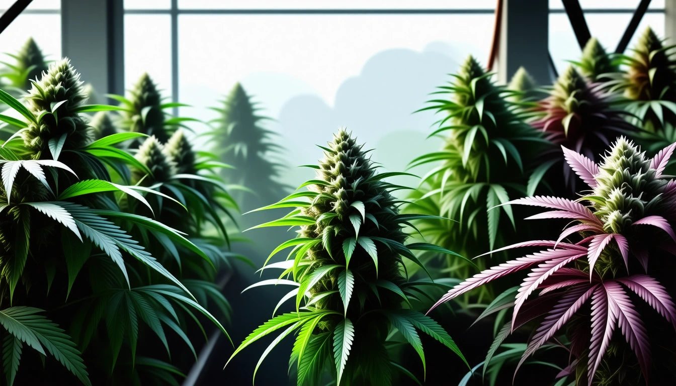 Green and purple plants with spiky leaves in pots, arranged in rows, with a bright window and misty background