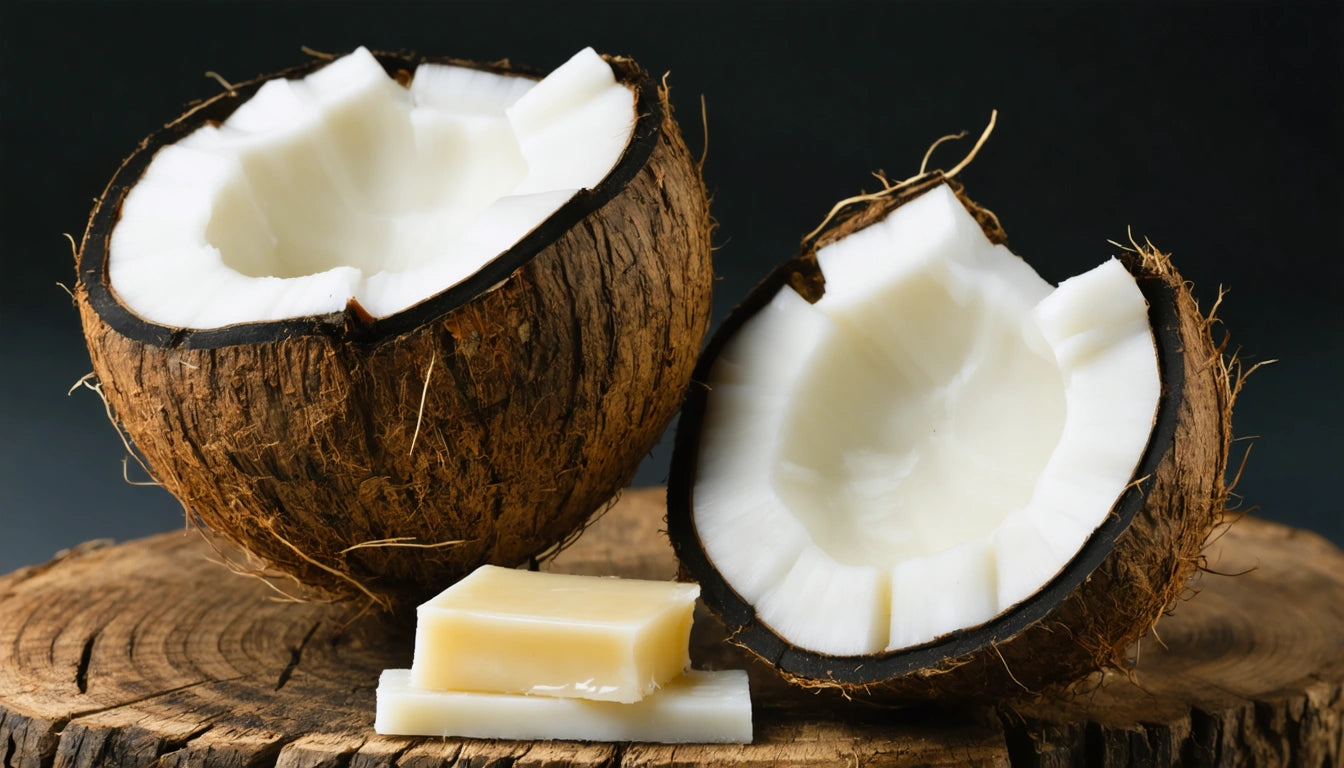 Two halved coconuts with white flesh on a wooden surface, accompanied by small coconut pieces