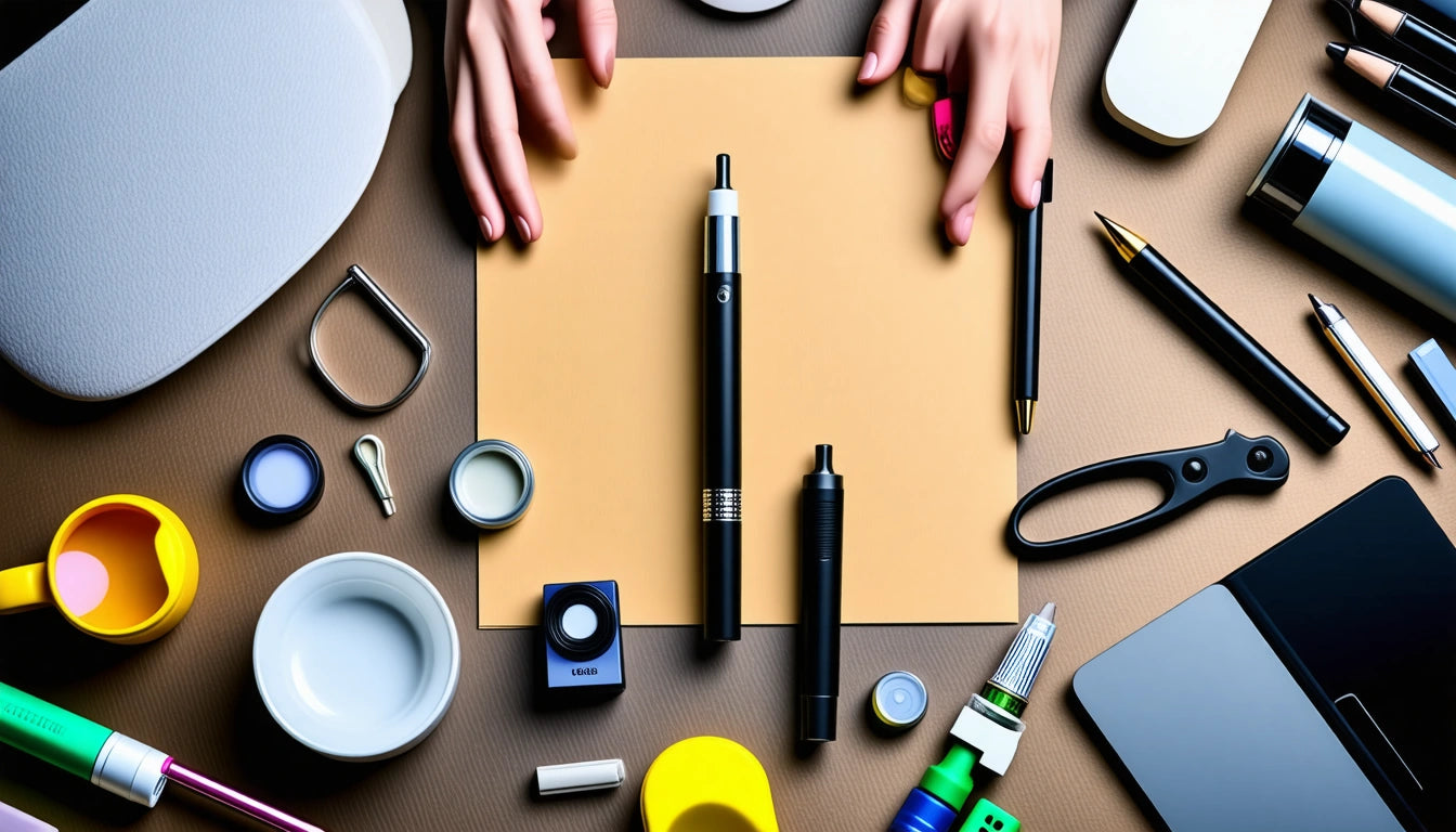 Hands near a yellow paper surrounded by pens, scissors, markers, cups, and a laptop on a brown surface