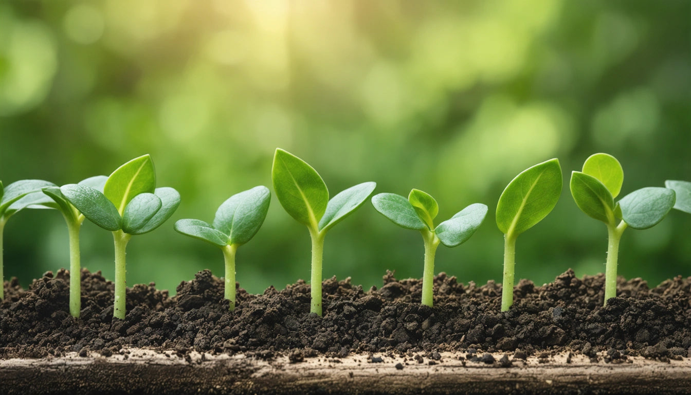 Six green seedlings sprouting from dark soil, with a blurred green background and soft sunlight