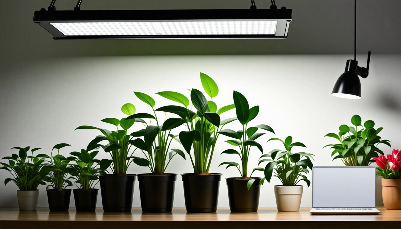 Seven potted plants on a wooden table under a bright overhead light, with a laptop and a small lamp on the right