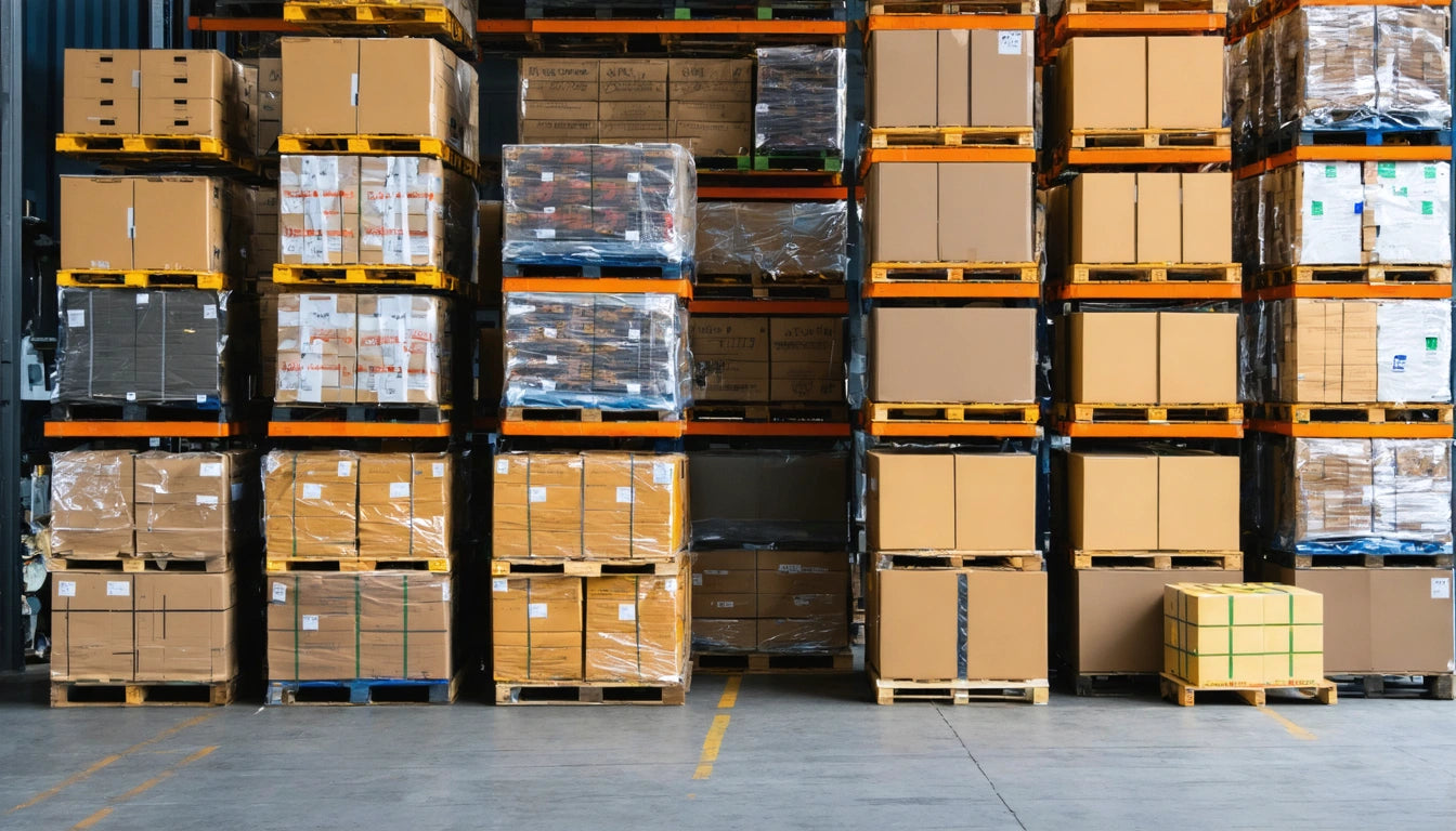 Stacks of cardboard boxes on wooden pallets in a warehouse, with some wrapped in plastic, against a tall metal shelving unit