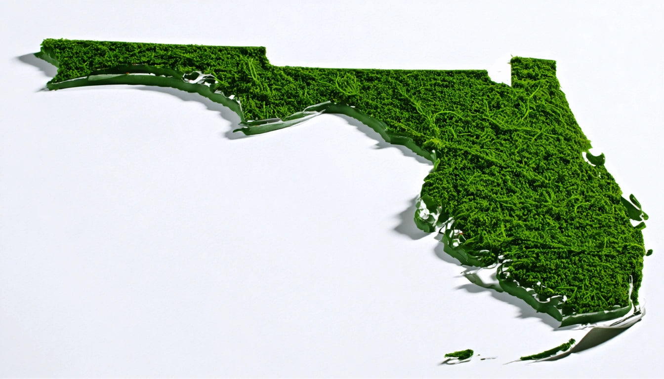 Green moss shaped like the state of Florida on a white background