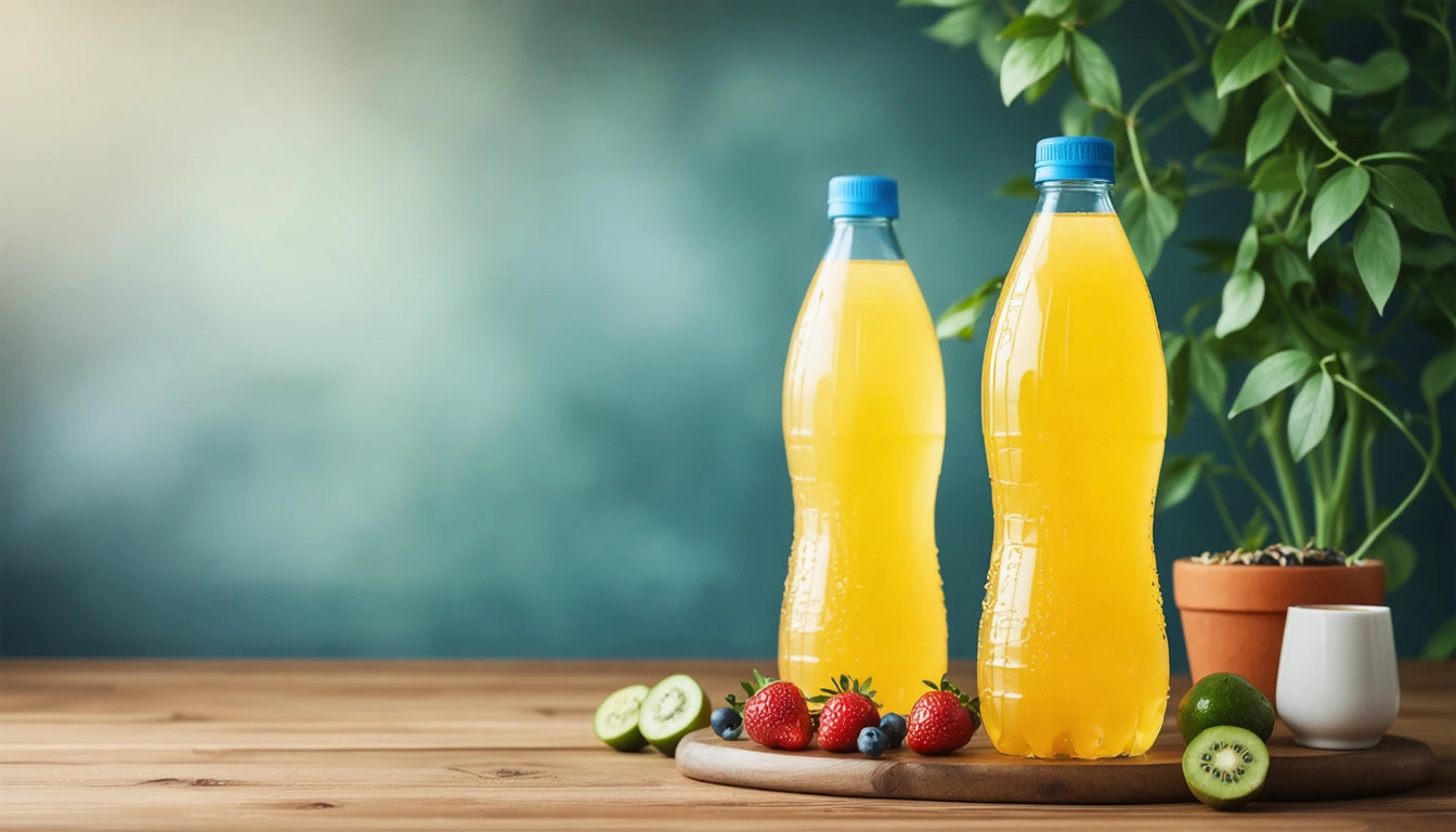Two plastic bottles of orange liquid on a wooden table, surrounded by strawberries, blueberries, kiwi, and a potted plant