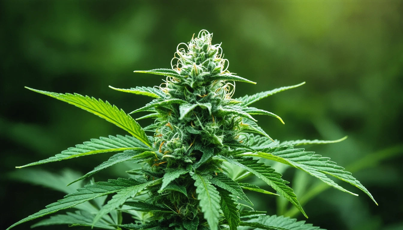 Green plant with pointed leaves and a dense, spiky cluster at the top, set against a blurred green background