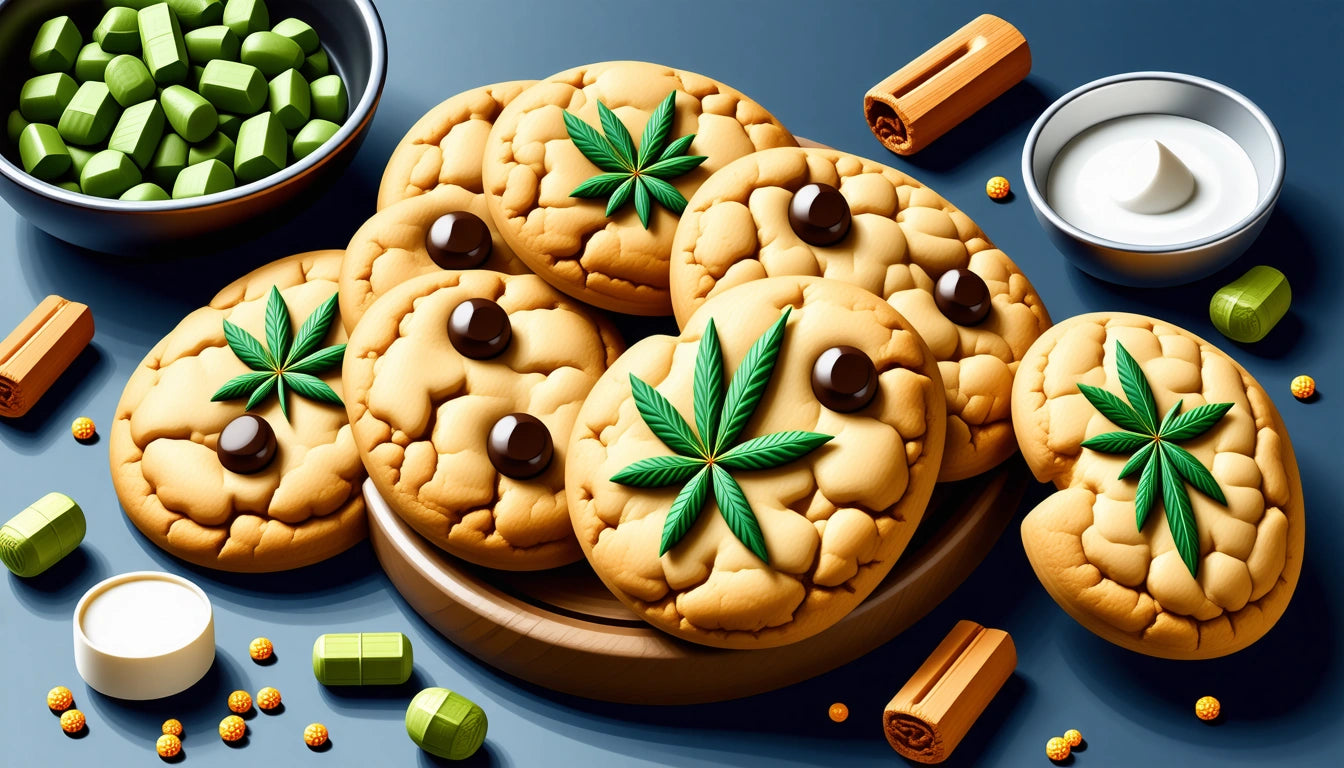 Cookies with chocolate chips and green leaf decorations on a wooden plate, surrounded by bowls, cinnamon sticks, and capsules
