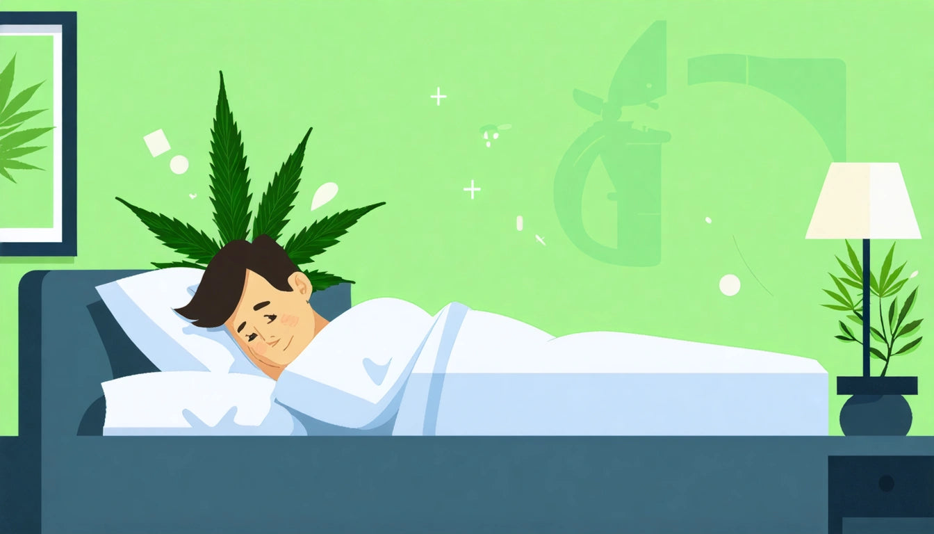 Person sleeping in bed with white sheets, plant leaves behind head, green wall, framed leaf picture, lamp with plant on table