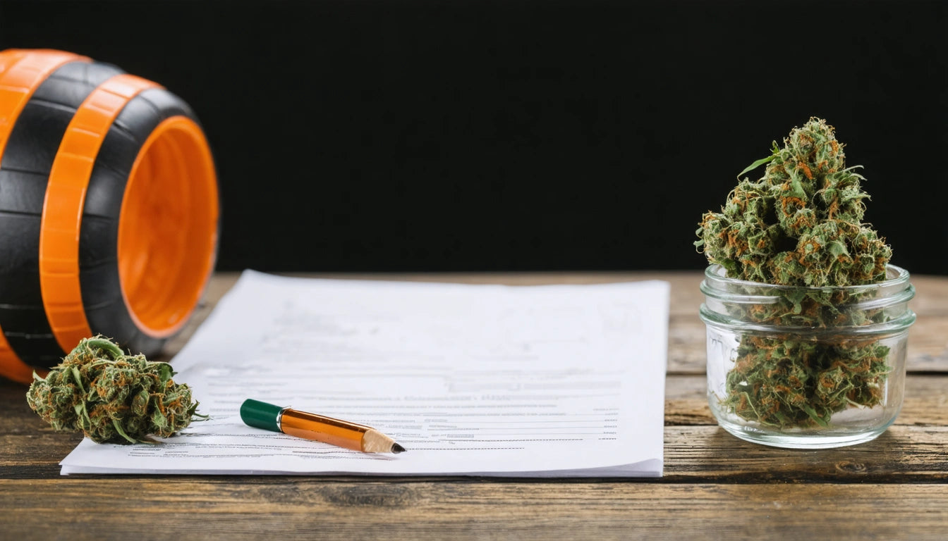Orange and black barrel, pen on papers, and jar with green plant buds on wooden table