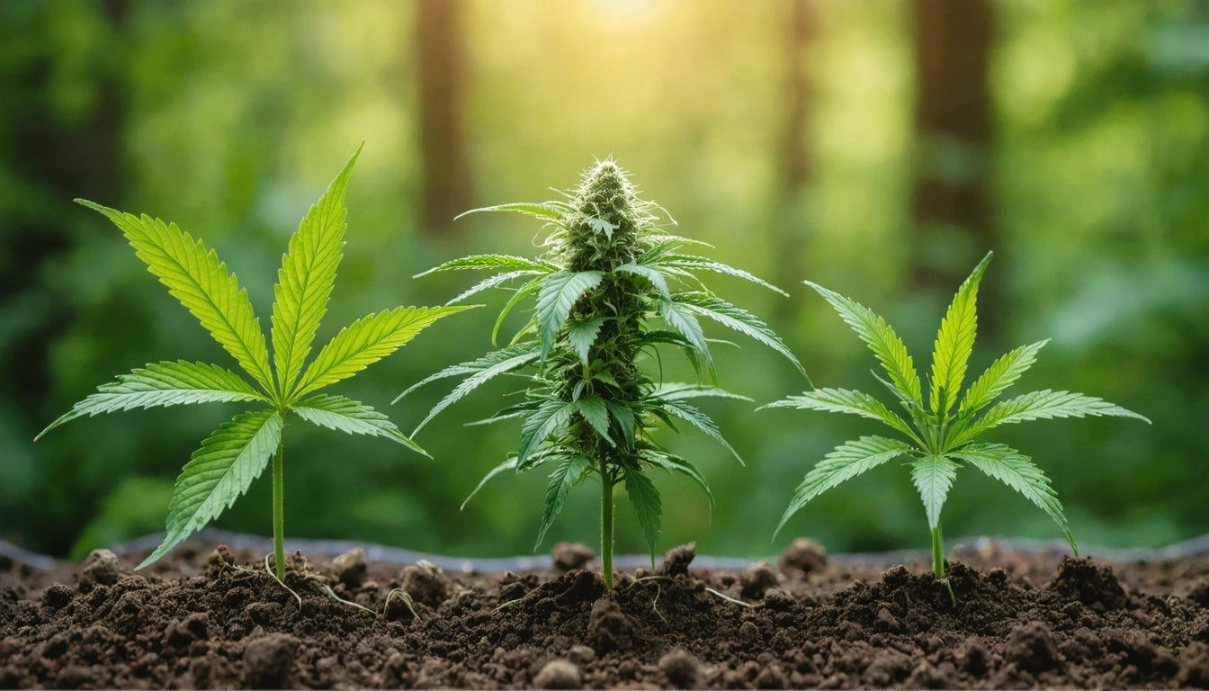 Three green plants with serrated leaves growing in soil, sunlight filtering through blurred forest background