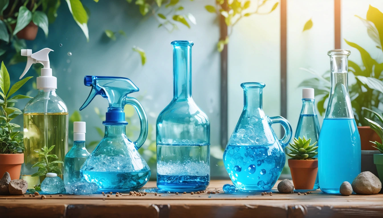 Various blue glass bottles and spray bottles on a wooden table, surrounded by small plants and pebbles, with sunlight filtering in