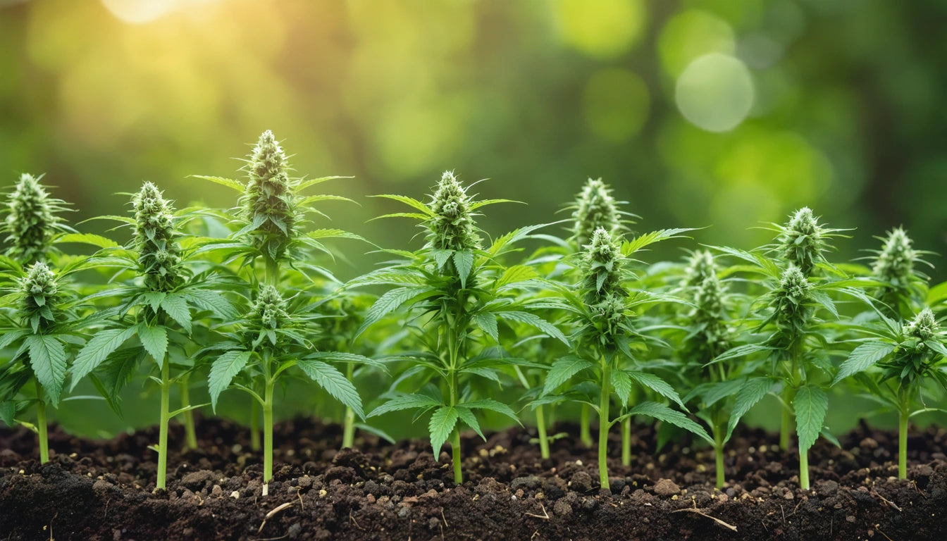 Green plants with serrated leaves and buds growing in soil, soft sunlight filtering through blurred green background