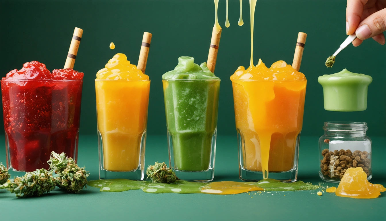 Four glasses of colorful slushies with straws, surrounded by green plants and a hand pouring sauce from a spoon