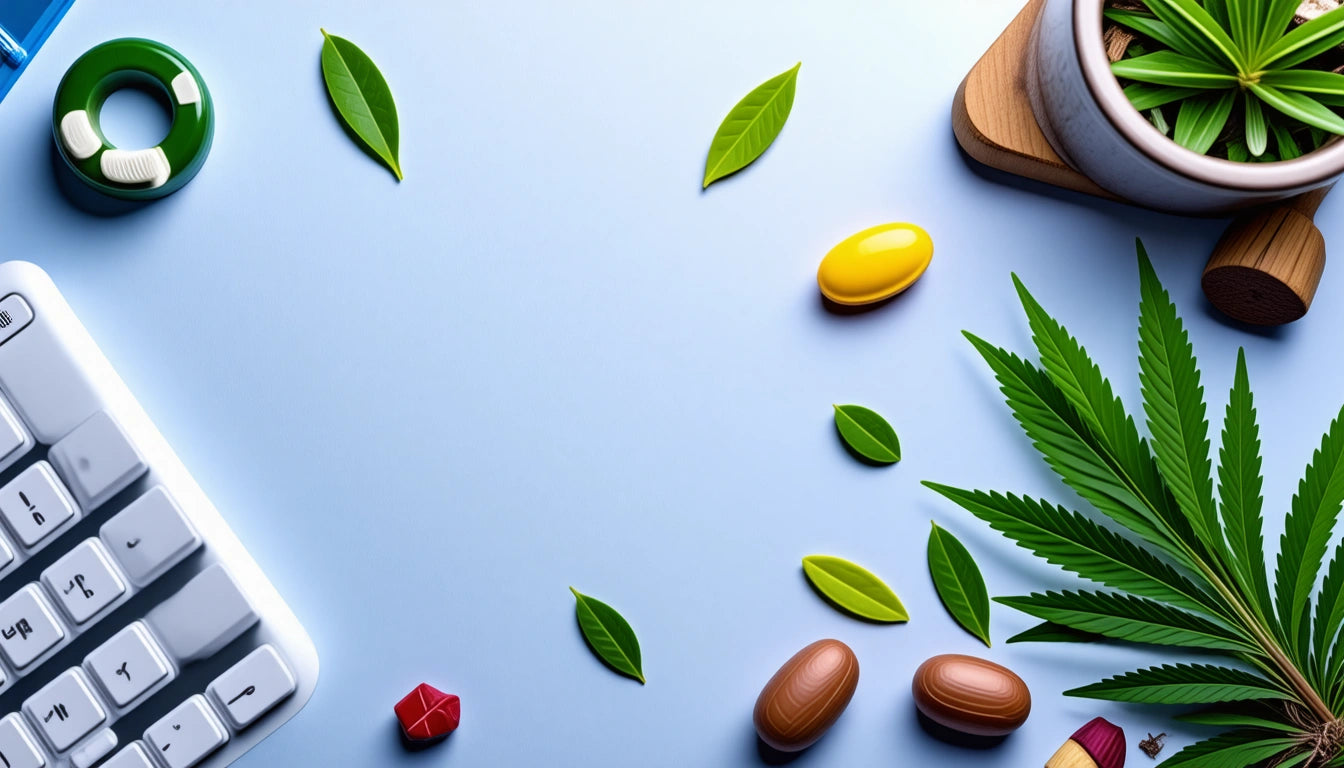 Keyboard, pills, and green leaves scattered on a light blue surface, with a wooden tray holding a plant in the top right corner