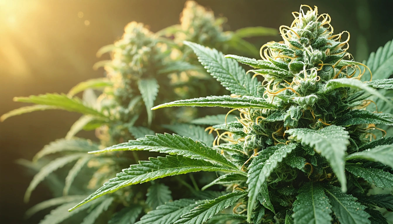 Dense green plant with pointed leaves and clusters of buds, bathed in warm sunlight from the top left corner