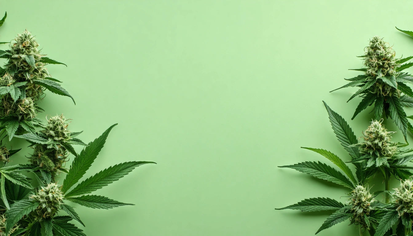 Green cannabis leaves and buds on both lower corners against a light green background