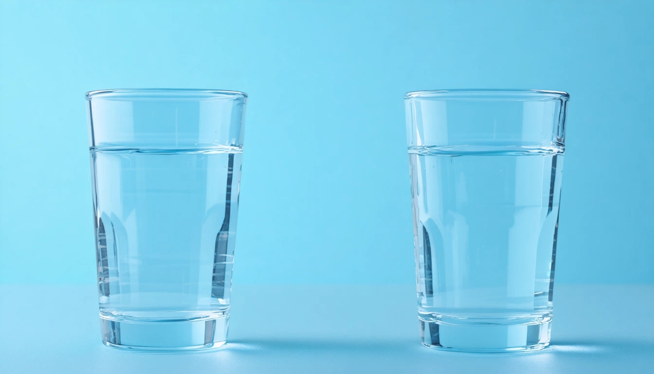 Two clear glasses filled with water on a light blue background