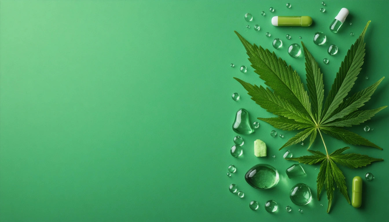 Green leaves, water droplets, and capsules on right side of green background