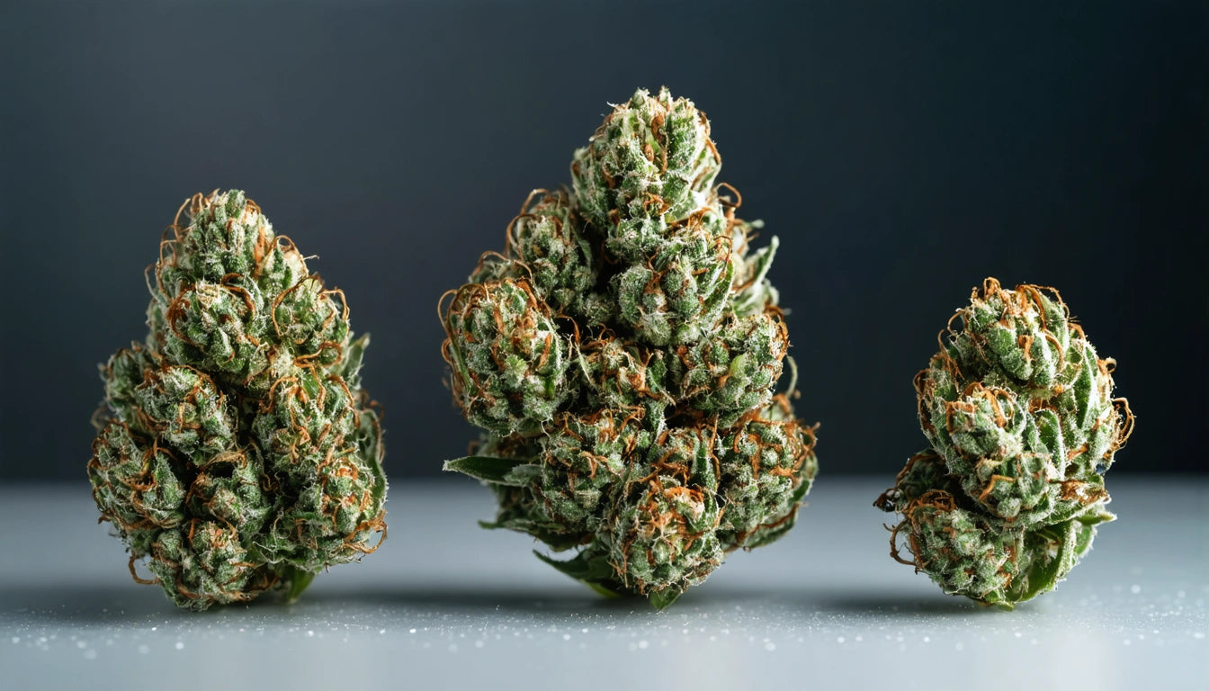 Three dense, green and orange cannabis buds on a gray surface against a dark background