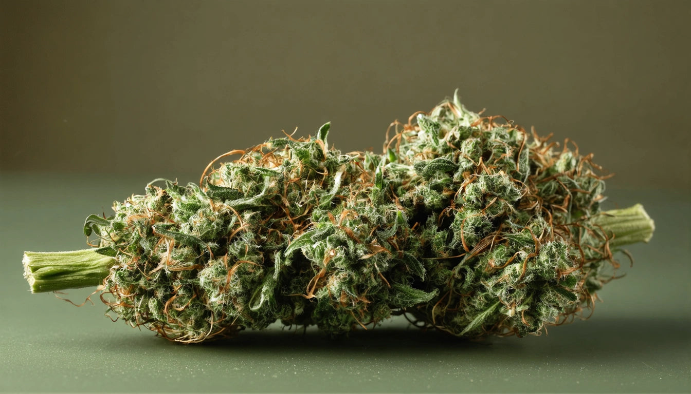 Dense green plant bud with orange strands and frosty white crystals, set against a muted green background