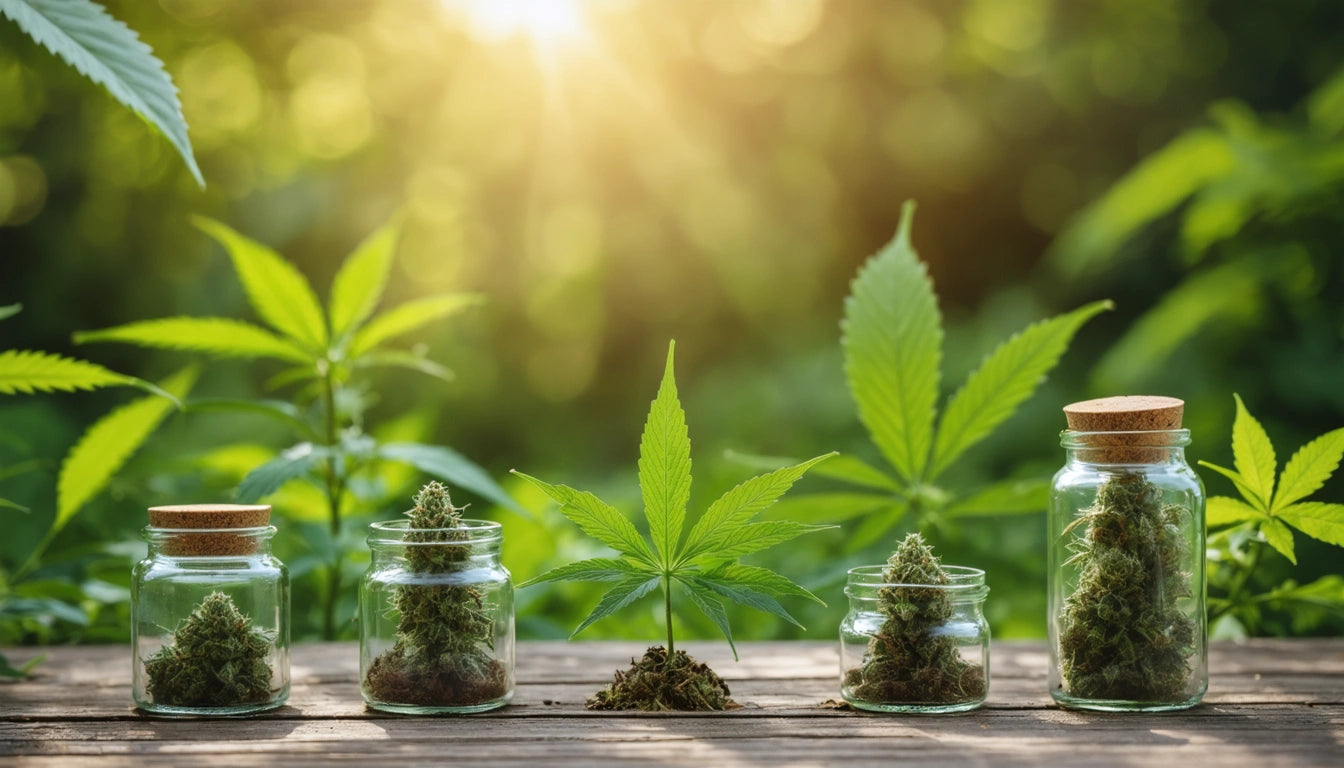 Four glass jars with green plants on a wooden surface, surrounded by lush foliage and sunlight streaming through leaves