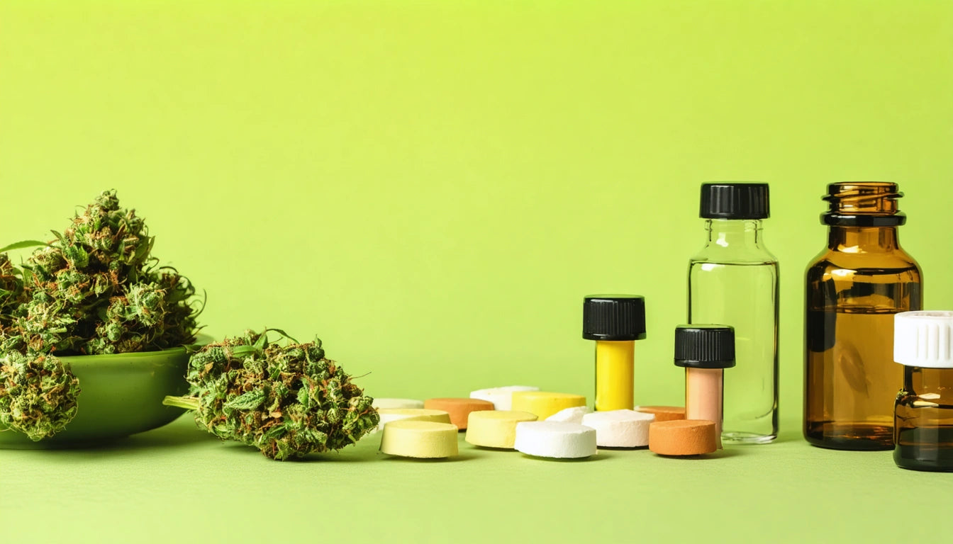 Glass bottles and colorful tablets on green surface, next to a bowl and loose green plant buds