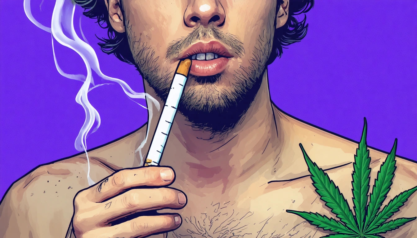 Man with stubble holding a lit cigarette, smoke rising, against a purple background; green leaf near shoulder