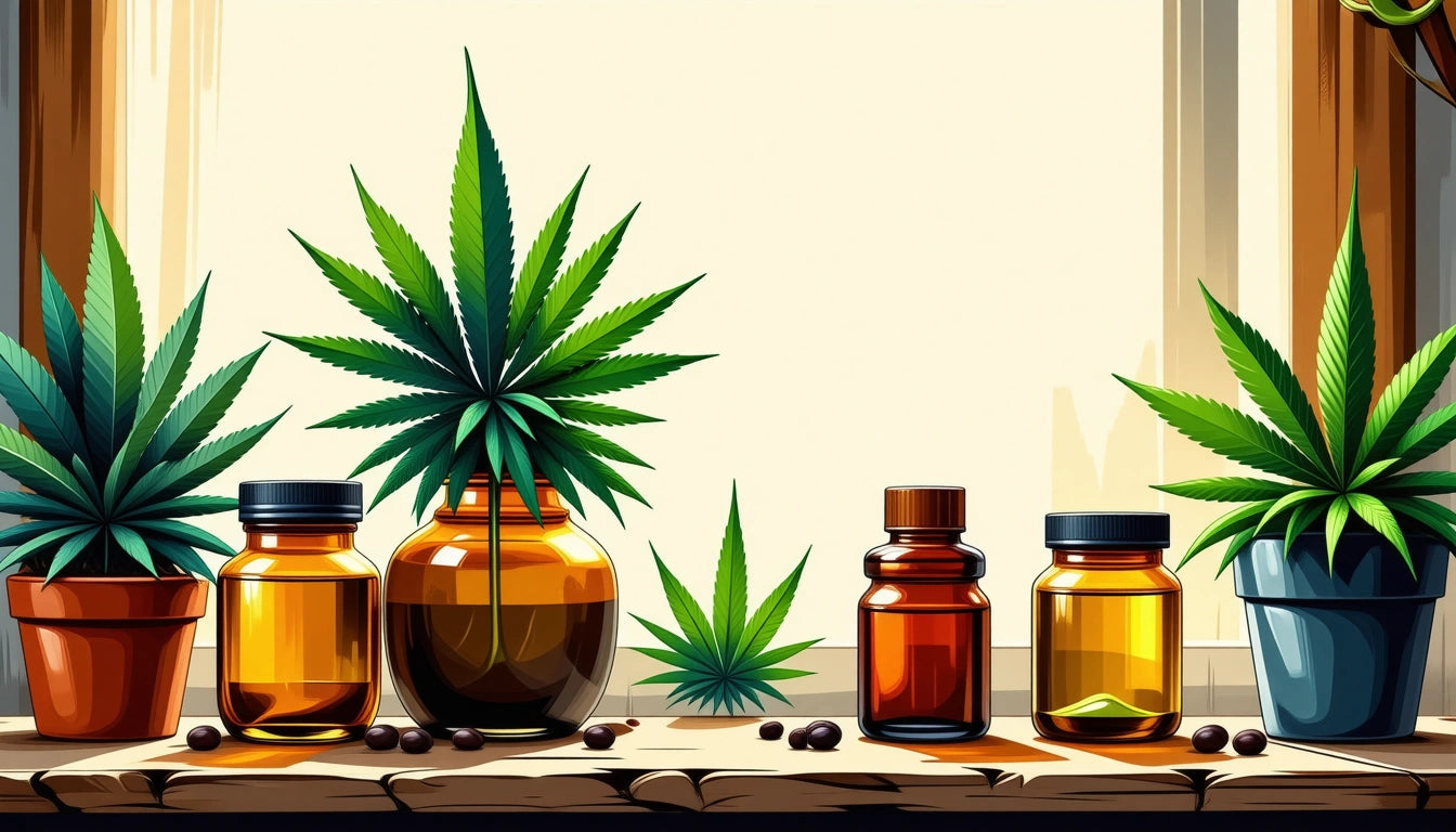 Glass jars with amber liquid, large green leaves, small black stones on wooden surface, light background