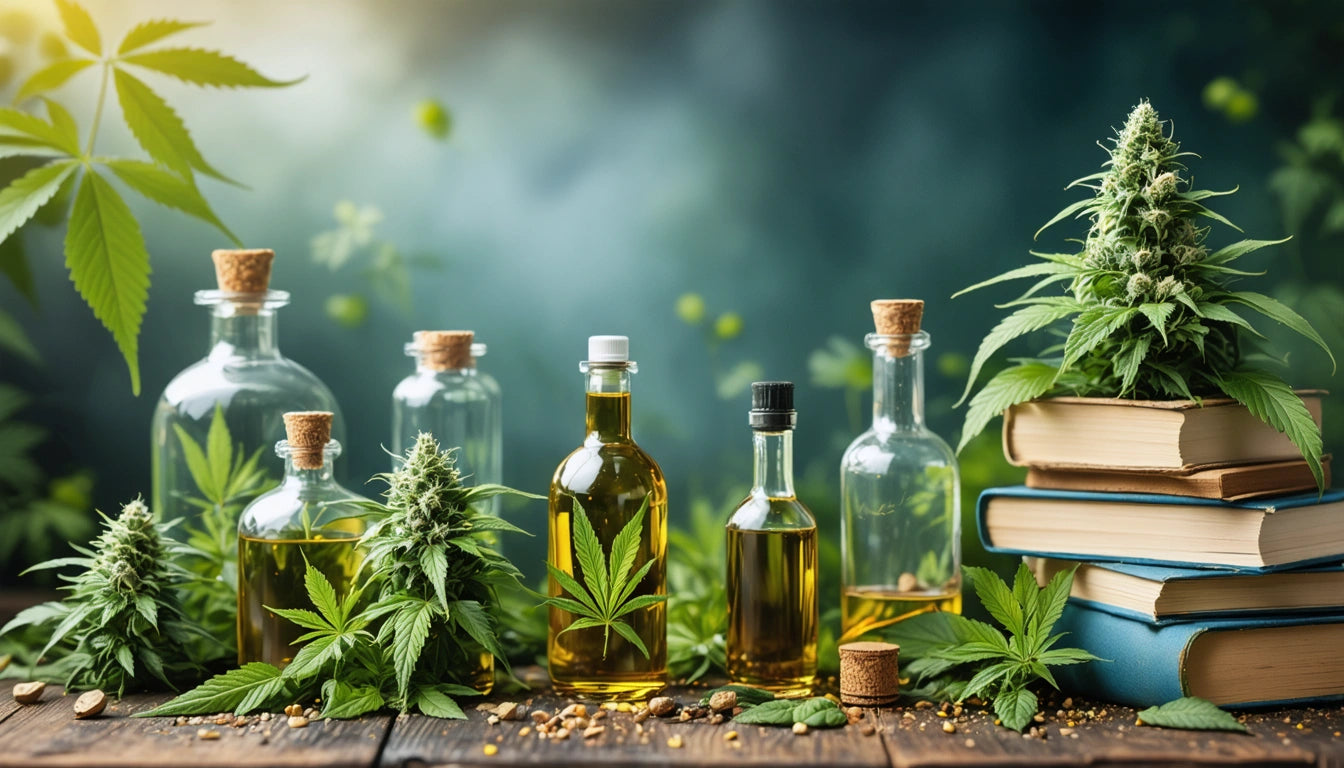 Glass bottles with corks filled with liquid, cannabis leaves, buds, and stacked books on a wooden surface