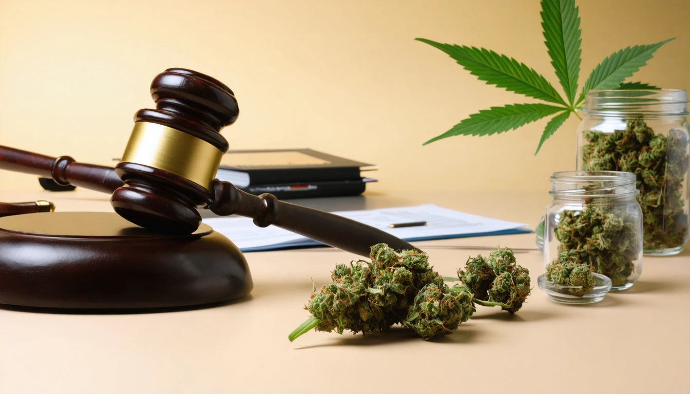 Gavel on table beside cannabis buds, glass jars, and a large green leaf, with documents and folders in the background