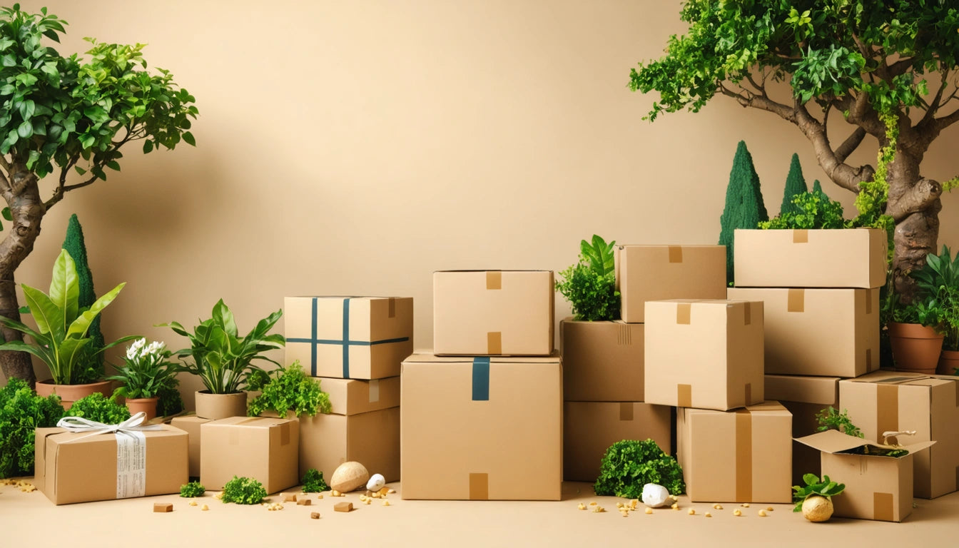 Cardboard boxes stacked among green plants and trees on a beige background