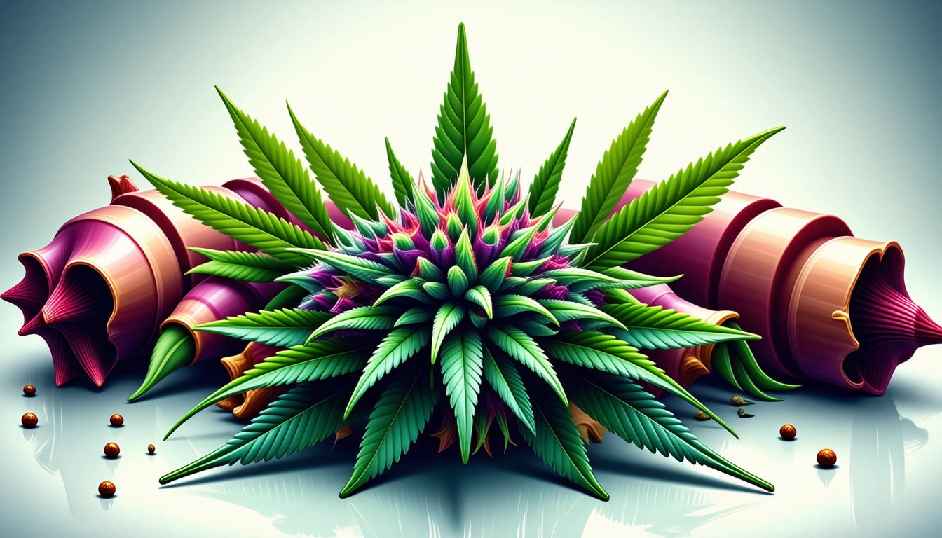 Green spiky leaves with purple tips surrounded by red and purple cone-shaped objects on a reflective surface