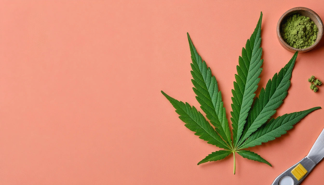 Green leaf and small bowl of green powder on peach background, with a silver and yellow tool at the bottom right corner