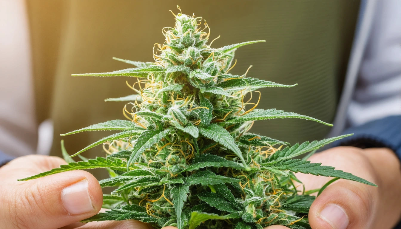 Hands holding a green plant with spiky leaves and orange hairs against a blurred background
