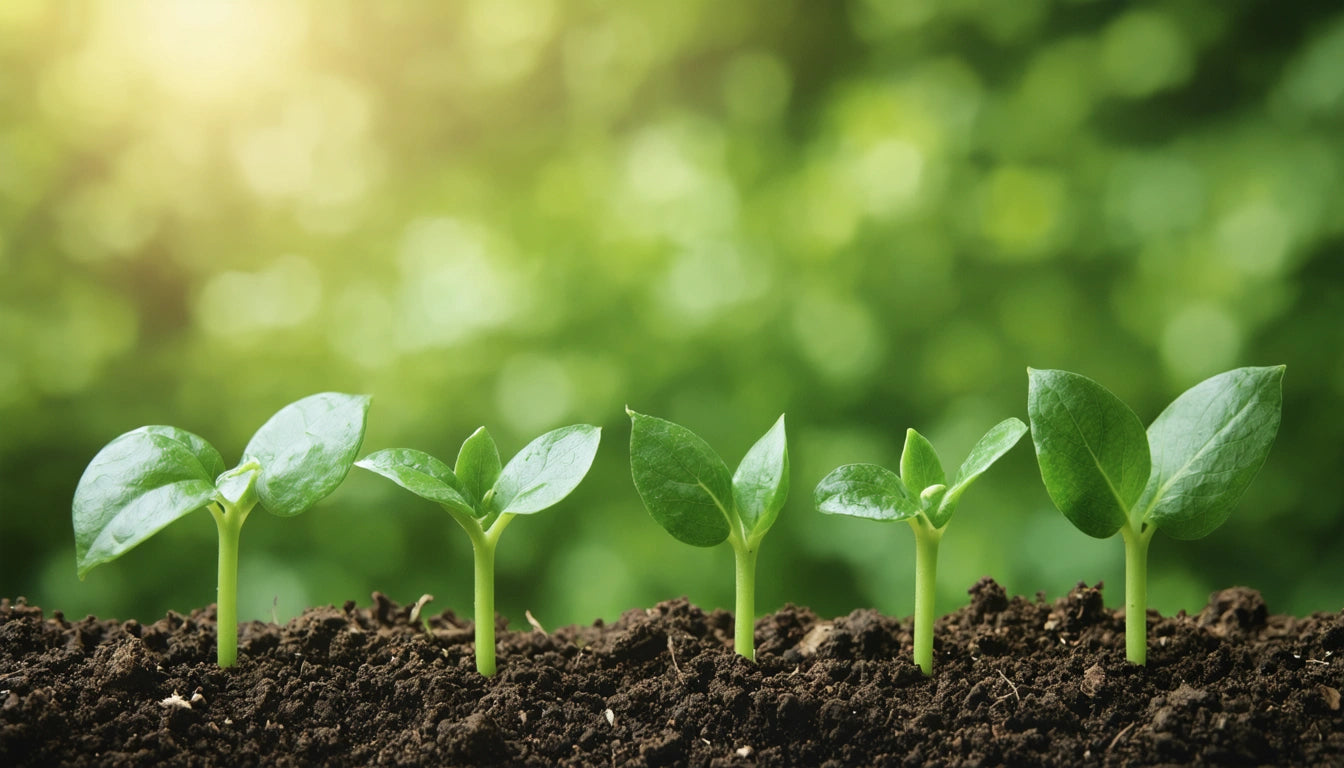 Five green seedlings sprouting from dark soil against a blurred green background with soft sunlight