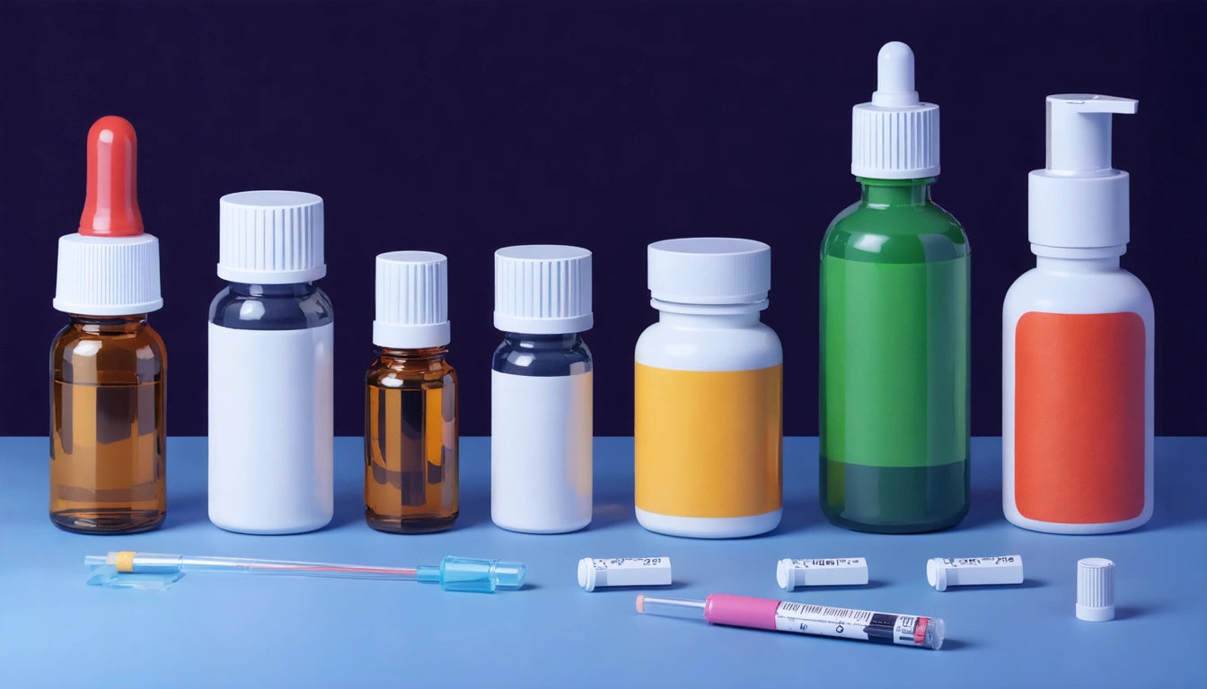 Various medicine bottles and syringes on a blue surface, with a dark background