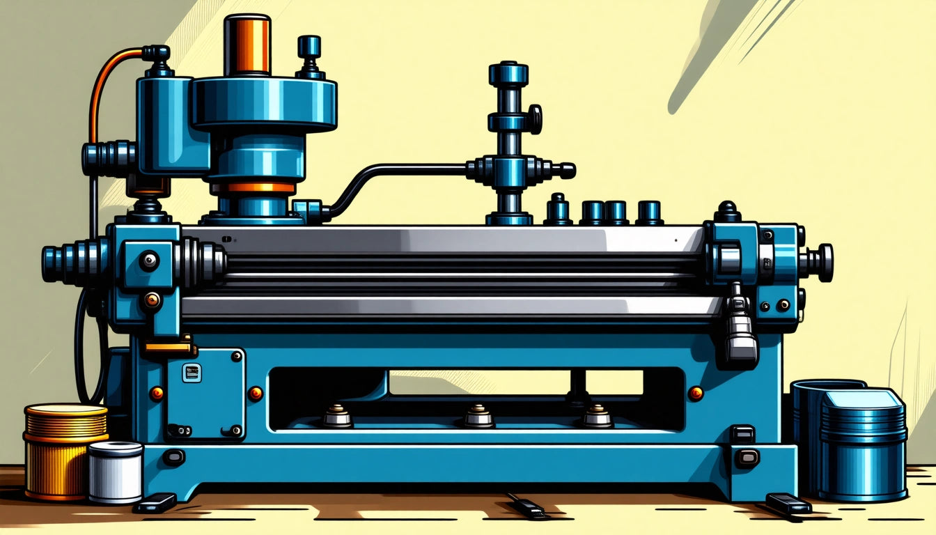 Blue industrial machine with cylindrical components, knobs, and levers on a beige background. Shadows cast on the surface