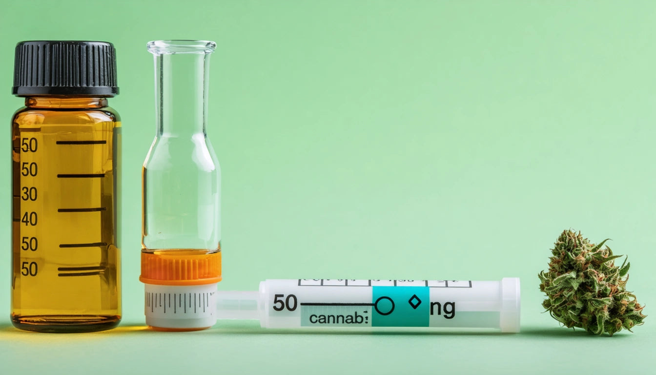 Amber bottle, clear vial with orange cap, syringe labeled "cannab" and "50 ng," and small green bud on light green background